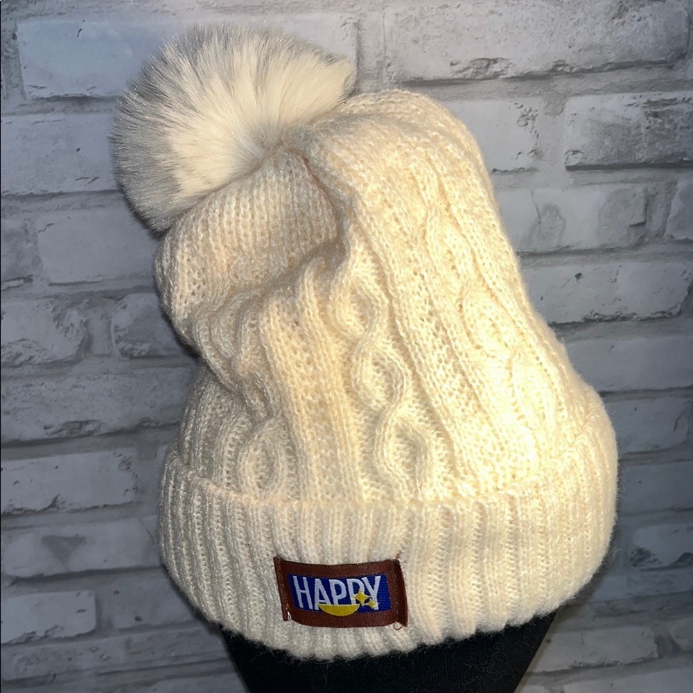 Happy Knit Beanie with Pom Pom winter hat cap